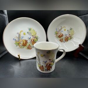 RARE Vintage Old Foley Bunnies 3 Piece Childrens Dinner Set, Cup/Bowl/Plate EUC